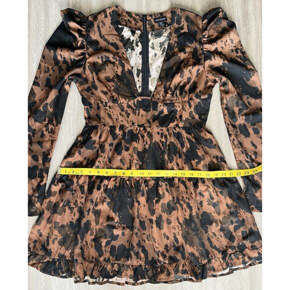 PrettyLittleThing Brown Black Print Long Sleeve Mini Dress Size US 8 - Picture 7 of 8